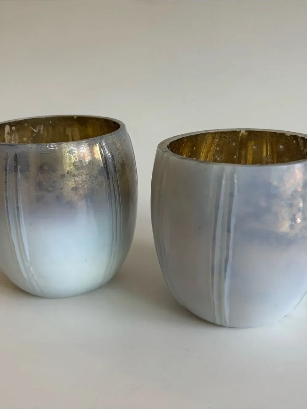 Anthropologie Set Of 2 Frosted White Metallic Gold Votive Candleholders